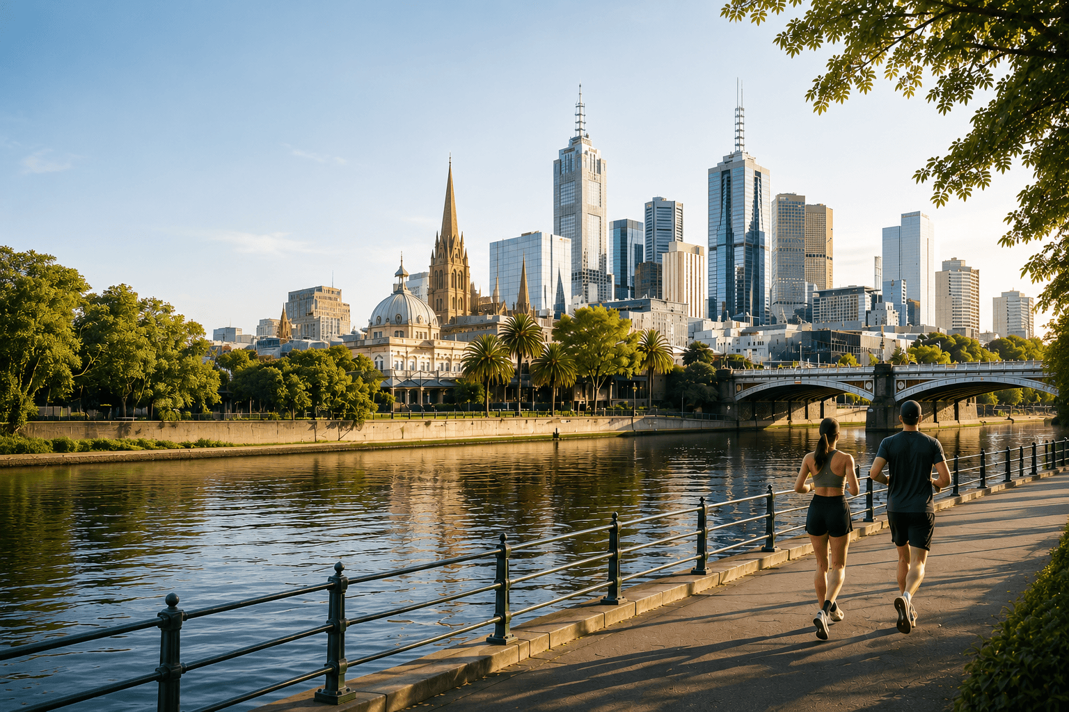 Melbourne skyline with runners along the Yarra river
